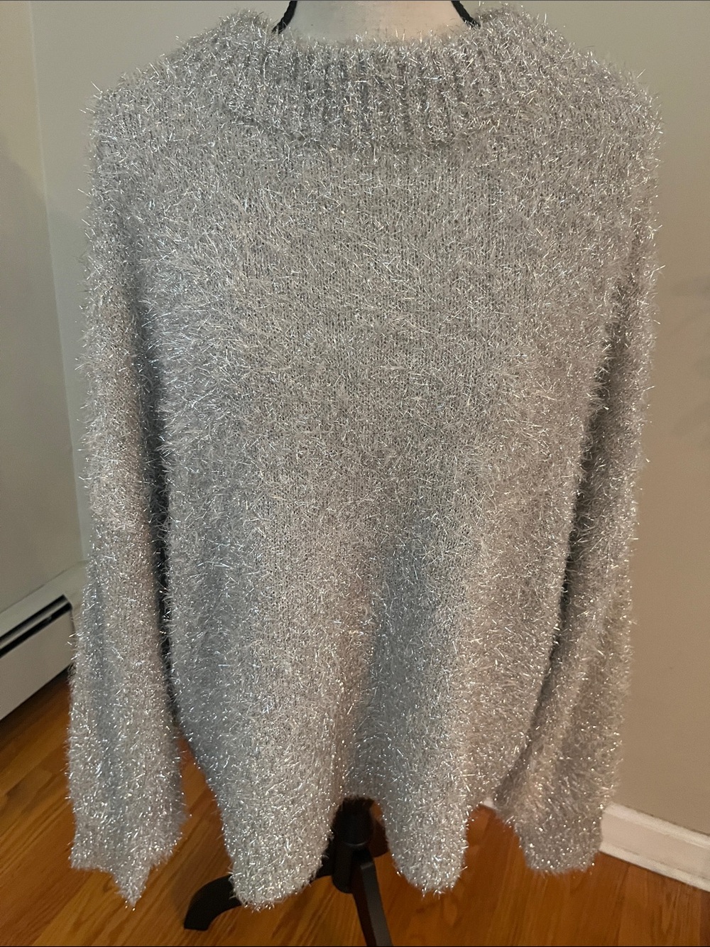 Silver Tinsel Fuzzy Knit Women's Sweater